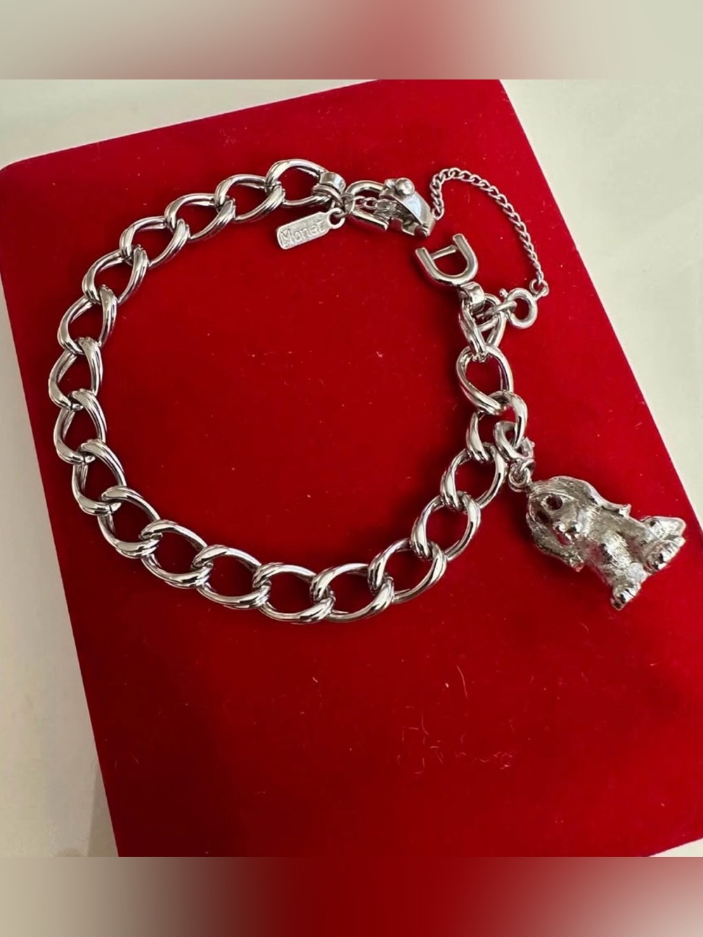 Vintage Monet Silver Bracelet with Dog Charm - Women Jewelry